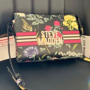 Steve Madden Black Floral Crossbody with Pink Stripe Accent